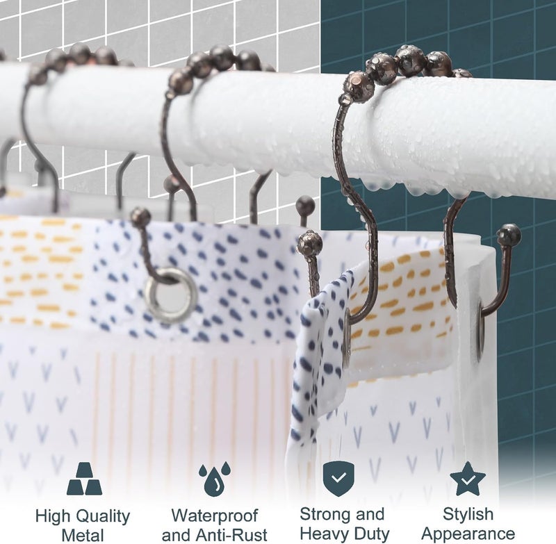 OEH Shower Curtain Hooks, Shower Curtain Rings, Bronze Shower Curtain Hooks Rust Proof, Smooth Gliding Metal Shower Curtain Rings Rust Proof, Double Shower Hooks for Shower Curtain, 12 Pcs, Bronze - Image 2